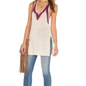 NWT Free People Knit High Side Slit Ivory Maroon Berry Long Tank Small
